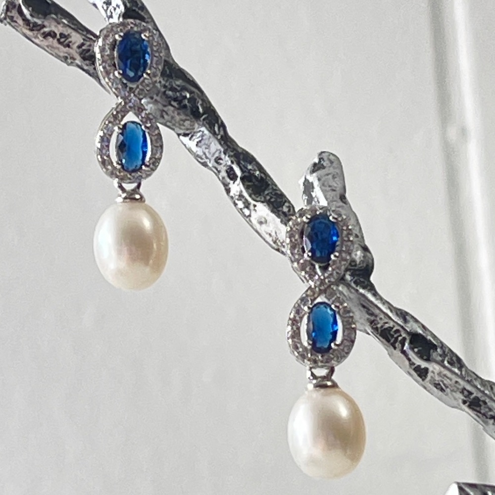 925S Blue Gemstones Stud Earrings With Cultured Freshwater Pearl and Zirconia - Picture 8 of 16